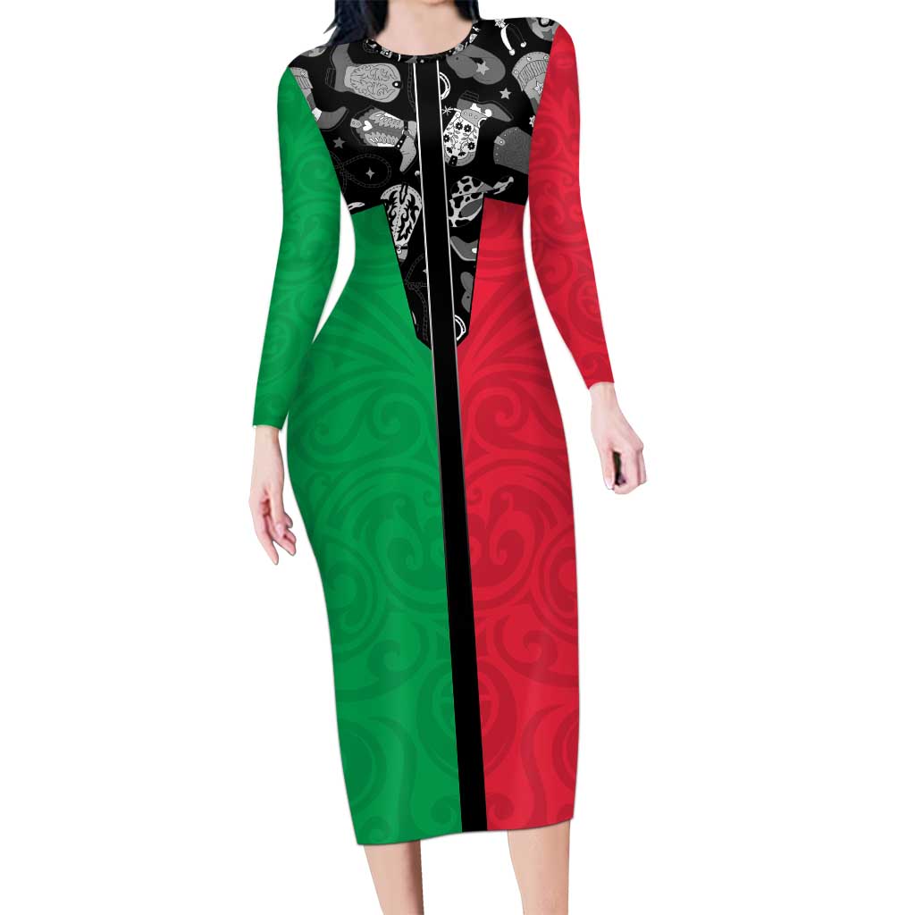 Vanuatu Cowboy Long Sleeve Bodycon Dress Cowboy Symbols Split Stylized - Polynesian Pride