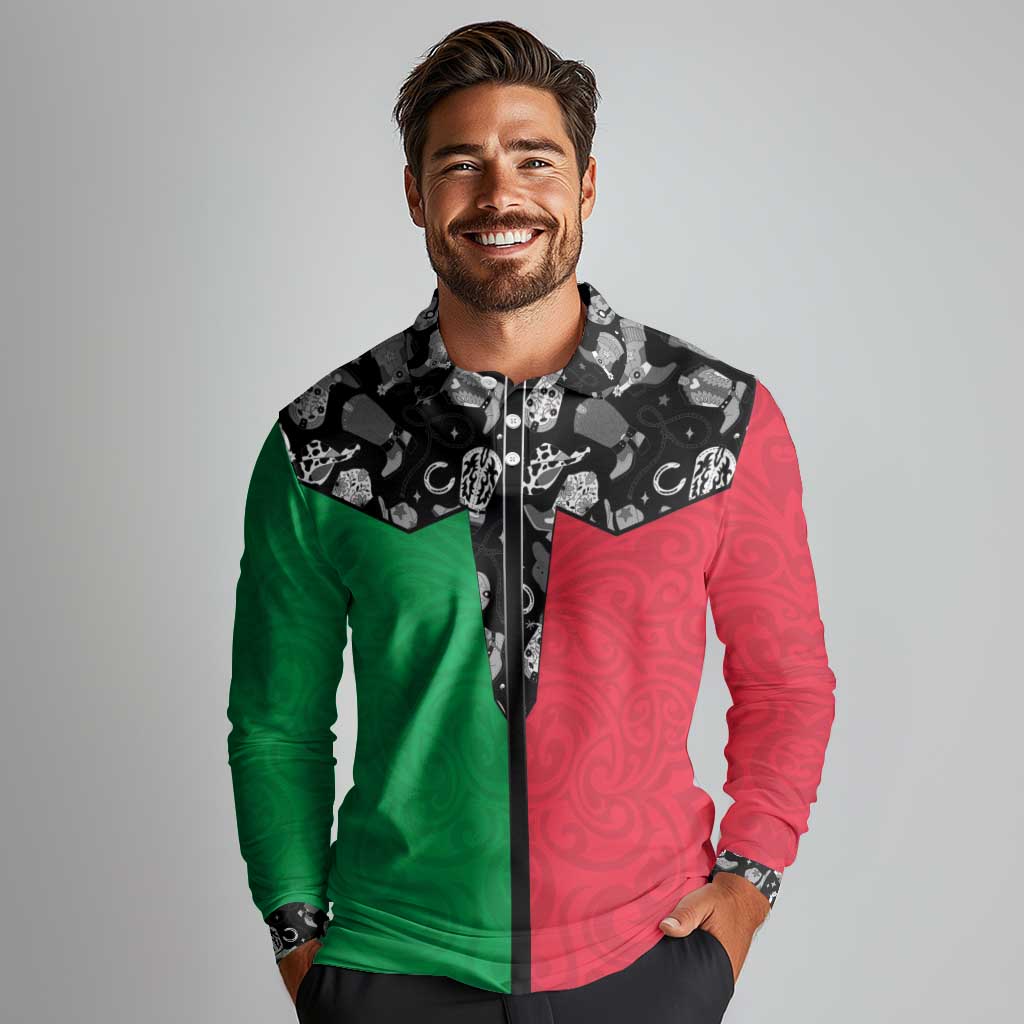 Vanuatu Cowboy Long Sleeve Polo Shirt Cowboy Symbols Split Stylized - Polynesian Pride