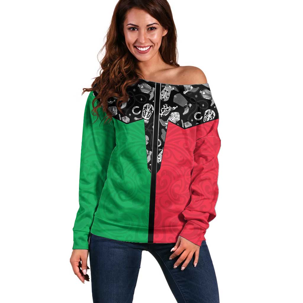 Vanuatu Cowboy Off Shoulder Sweater Cowboy Symbols Split Stylized - Polynesian Pride