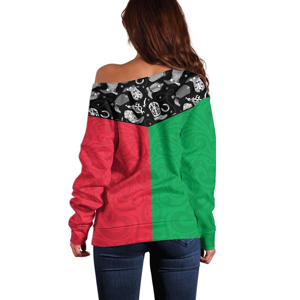 Vanuatu Cowboy Off Shoulder Sweater Cowboy Symbols Split Stylized - Polynesian Pride