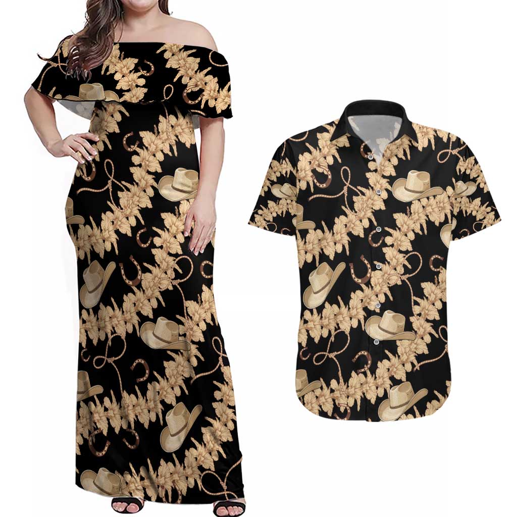 Vanuatu Cowboy Couples Matching Off Shoulder Maxi Dress and Hawaiian Shirt Seamless Straw Hats Hibiscus - Polynesian Pride