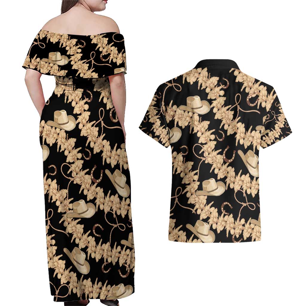 Vanuatu Cowboy Couples Matching Off Shoulder Maxi Dress and Hawaiian Shirt Seamless Straw Hats Hibiscus - Polynesian Pride
