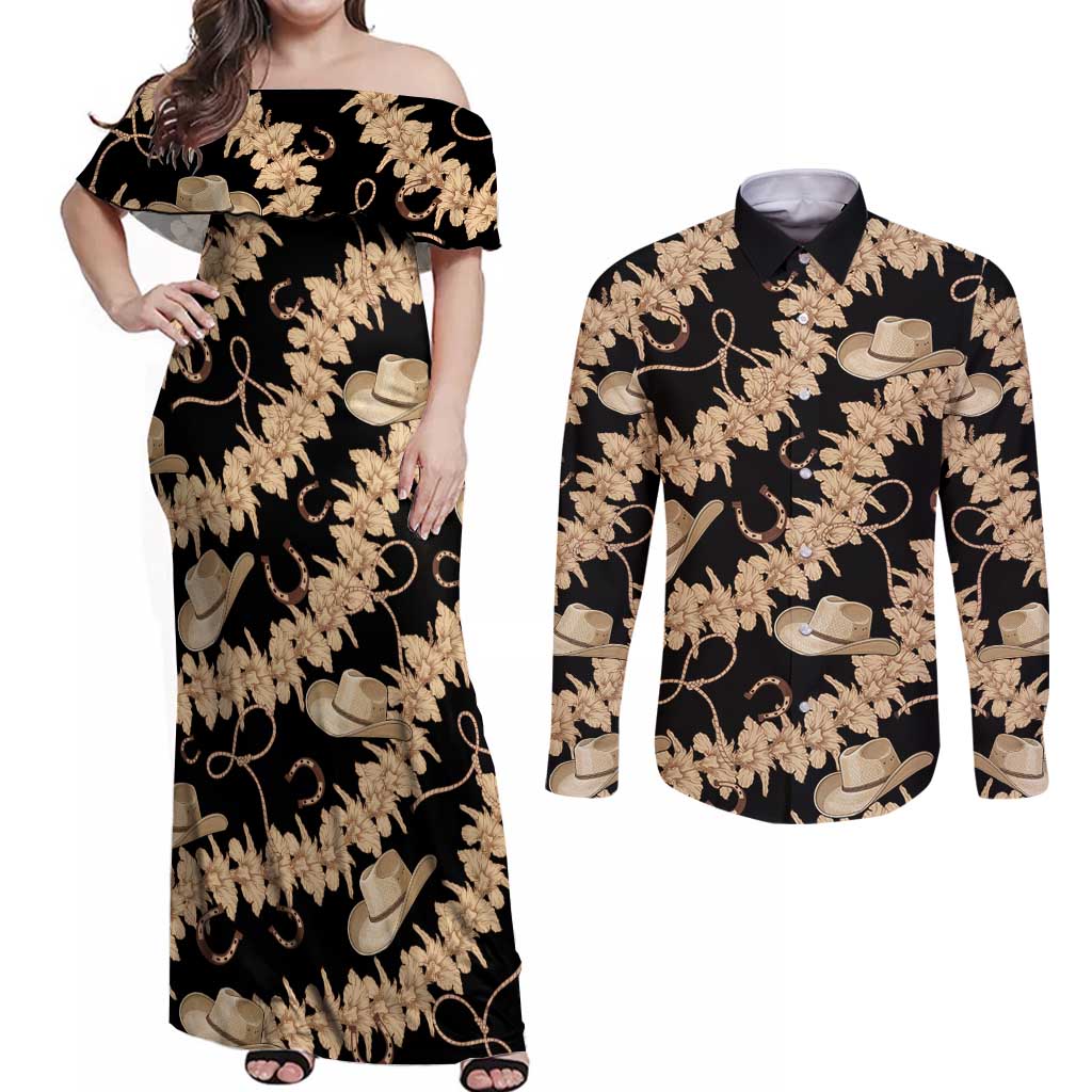 Vanuatu Cowboy Couples Matching Off Shoulder Maxi Dress and Long Sleeve Button Shirt Seamless Straw Hats Hibiscus - Polynesian Pride