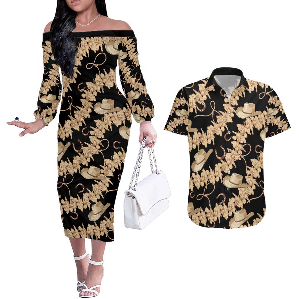Vanuatu Cowboy Couples Matching Off The Shoulder Long Sleeve Dress and Hawaiian Shirt Seamless Straw Hats Hibiscus - Polynesian Pride