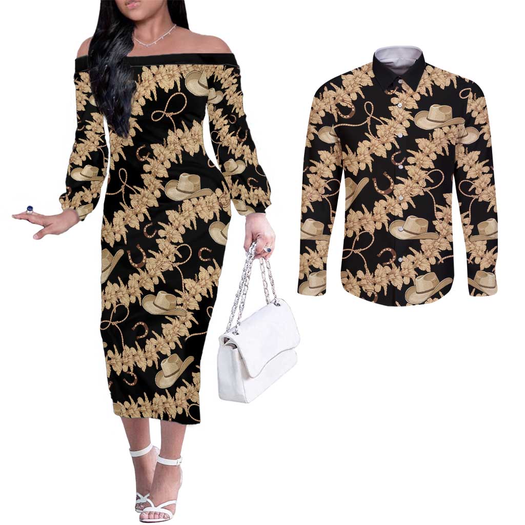 Vanuatu Cowboy Couples Matching Off The Shoulder Long Sleeve Dress and Long Sleeve Button Shirt Seamless Straw Hats Hibiscus - Polynesian Pride