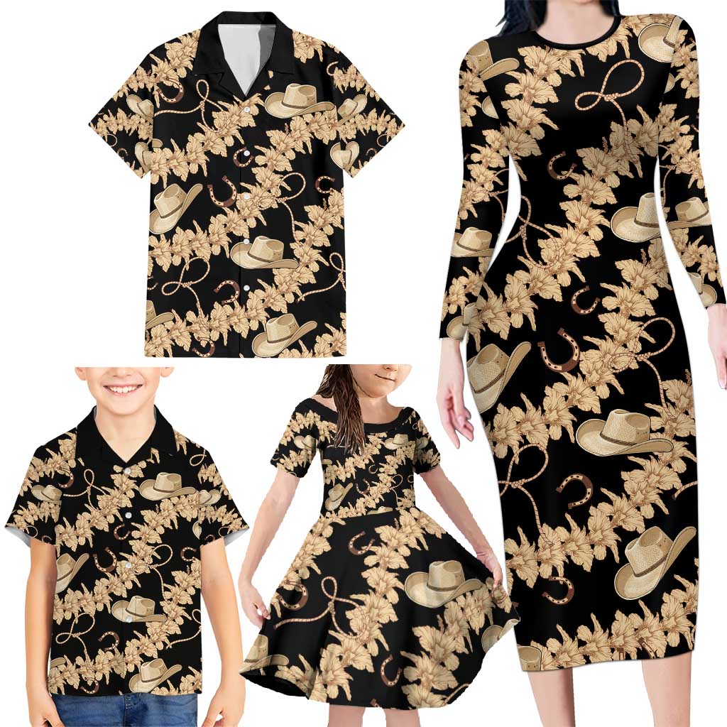 Vanuatu Cowboy Family Matching Long Sleeve Bodycon Dress and Hawaiian Shirt Seamless Straw Hats Hibiscus LT14 - Polynesian Pride