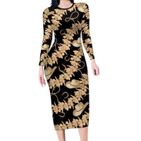 Vanuatu Cowboy Family Matching Long Sleeve Bodycon Dress and Hawaiian Shirt Seamless Straw Hats Hibiscus LT14 Mom's Dress Black - Polynesian Pride