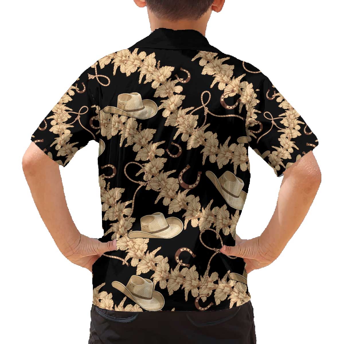 Vanuatu Cowboy Family Matching Off The Shoulder Long Sleeve Dress and Hawaiian Shirt Seamless Straw Hats Hibiscus LT14 - Polynesian Pride