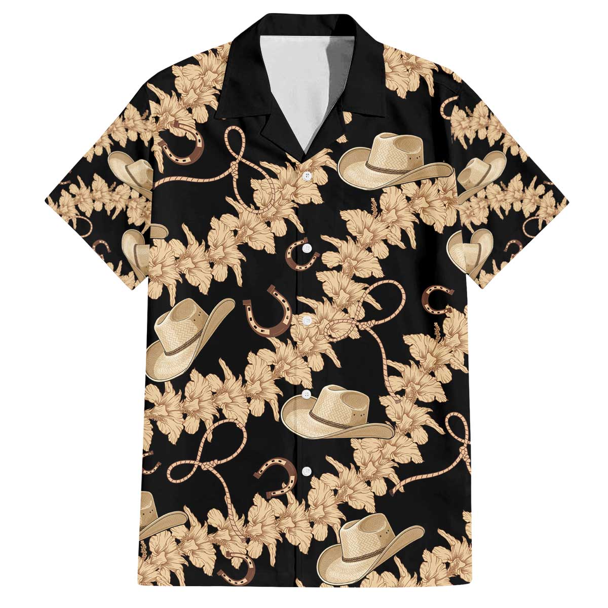 Vanuatu Cowboy Family Matching Off The Shoulder Long Sleeve Dress and Hawaiian Shirt Seamless Straw Hats Hibiscus LT14 Dad's Shirt - Short Sleeve Black - Polynesian Pride