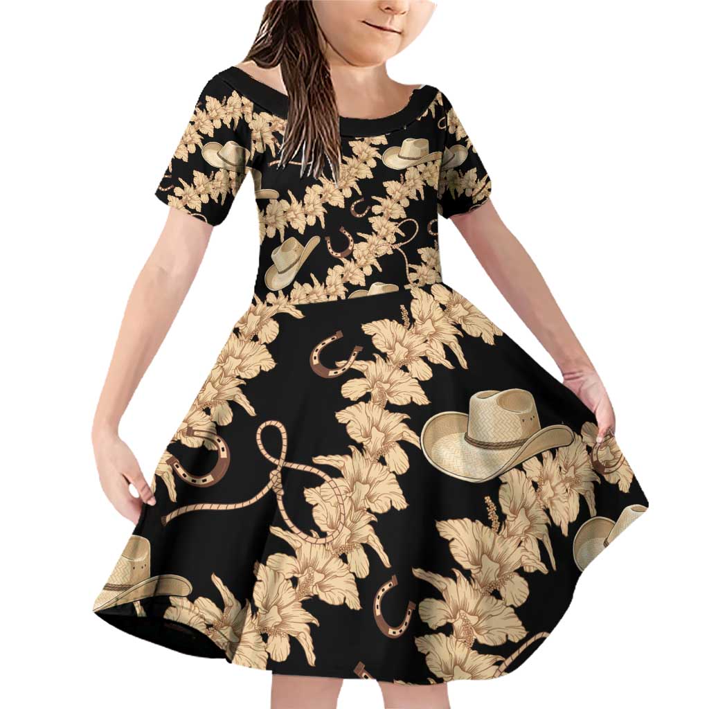Vanuatu Cowboy Family Matching Off Shoulder Short Dress and Hawaiian Shirt Seamless Straw Hats Hibiscus LT14 Daughter's Dress Black - Polynesian Pride