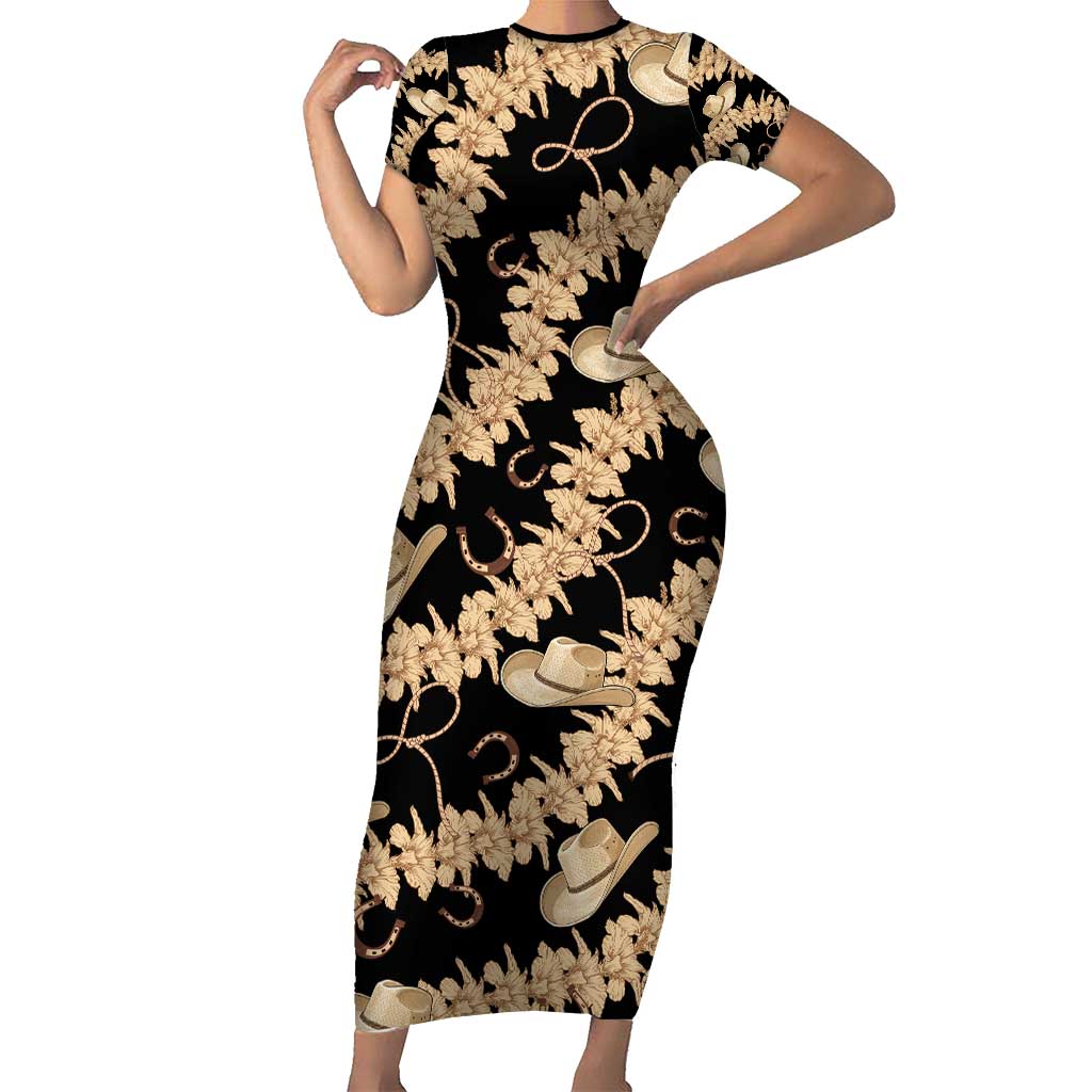 Vanuatu Cowboy Family Matching Short Sleeve Bodycon Dress and Hawaiian Shirt Seamless Straw Hats Hibiscus LT14 Mom's Dress Black - Polynesian Pride