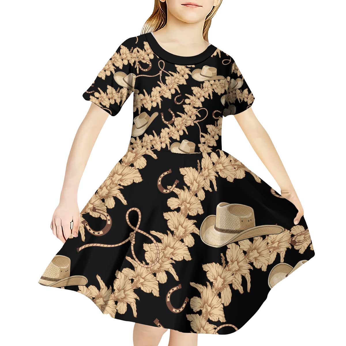 Vanuatu Cowboy Kid Short Sleeve Dress Seamless Straw Hats Hibiscus LT14 - Polynesian Pride