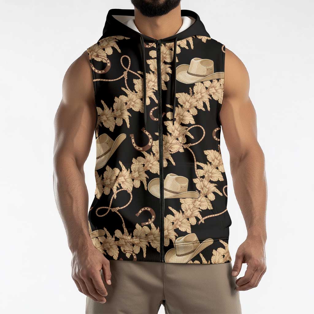Vanuatu Cowboy Sleeveless Zip Hoodie Seamless Straw Hats Hibiscus LT14 - Polynesian Pride