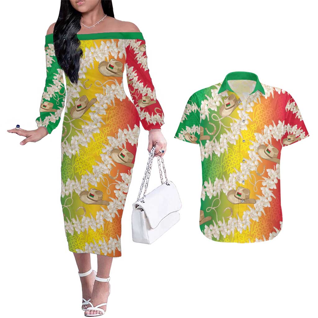 Vanuatu Cowboy Couples Matching Off The Shoulder Long Sleeve Dress and Hawaiian Shirt Straw Hats Hibiscus With Sand Drawing - Polynesian Pride