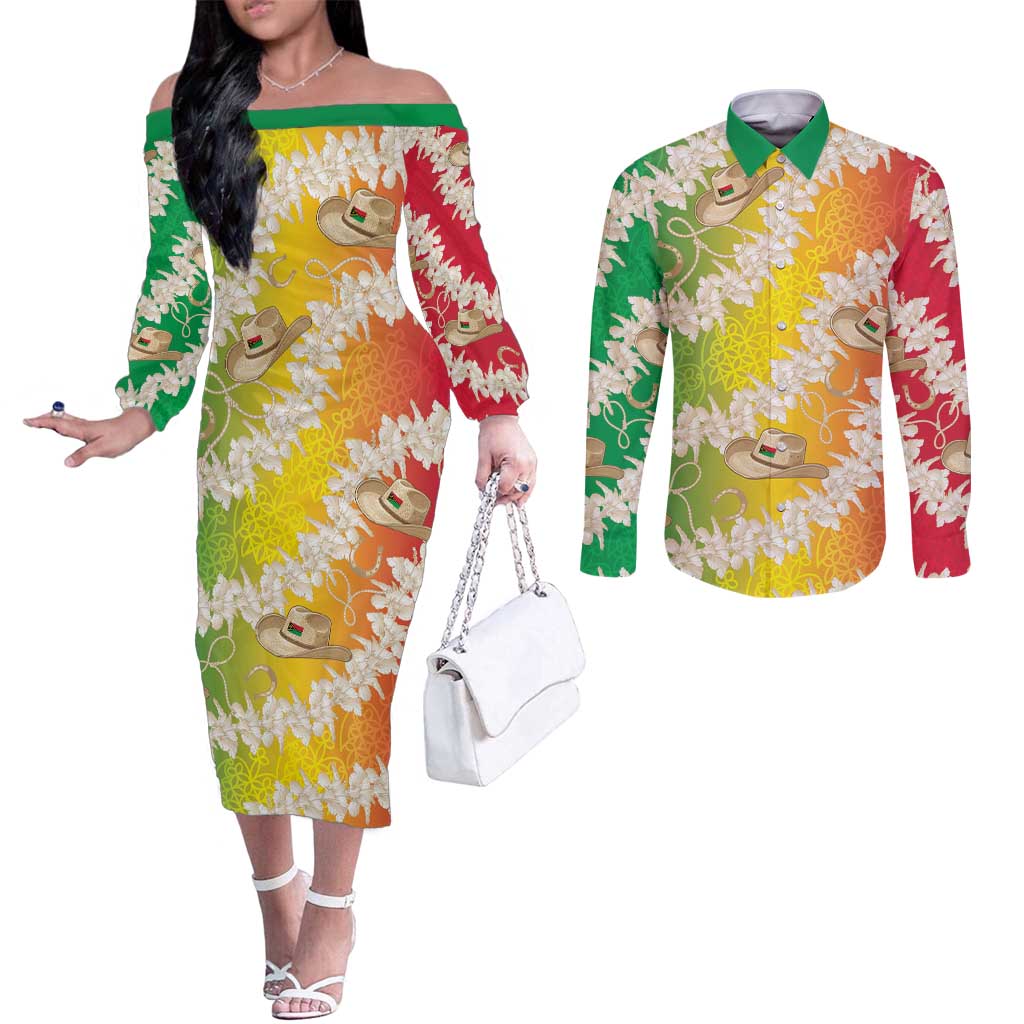 Vanuatu Cowboy Couples Matching Off The Shoulder Long Sleeve Dress and Long Sleeve Button Shirt Straw Hats Hibiscus With Sand Drawing - Polynesian Pride