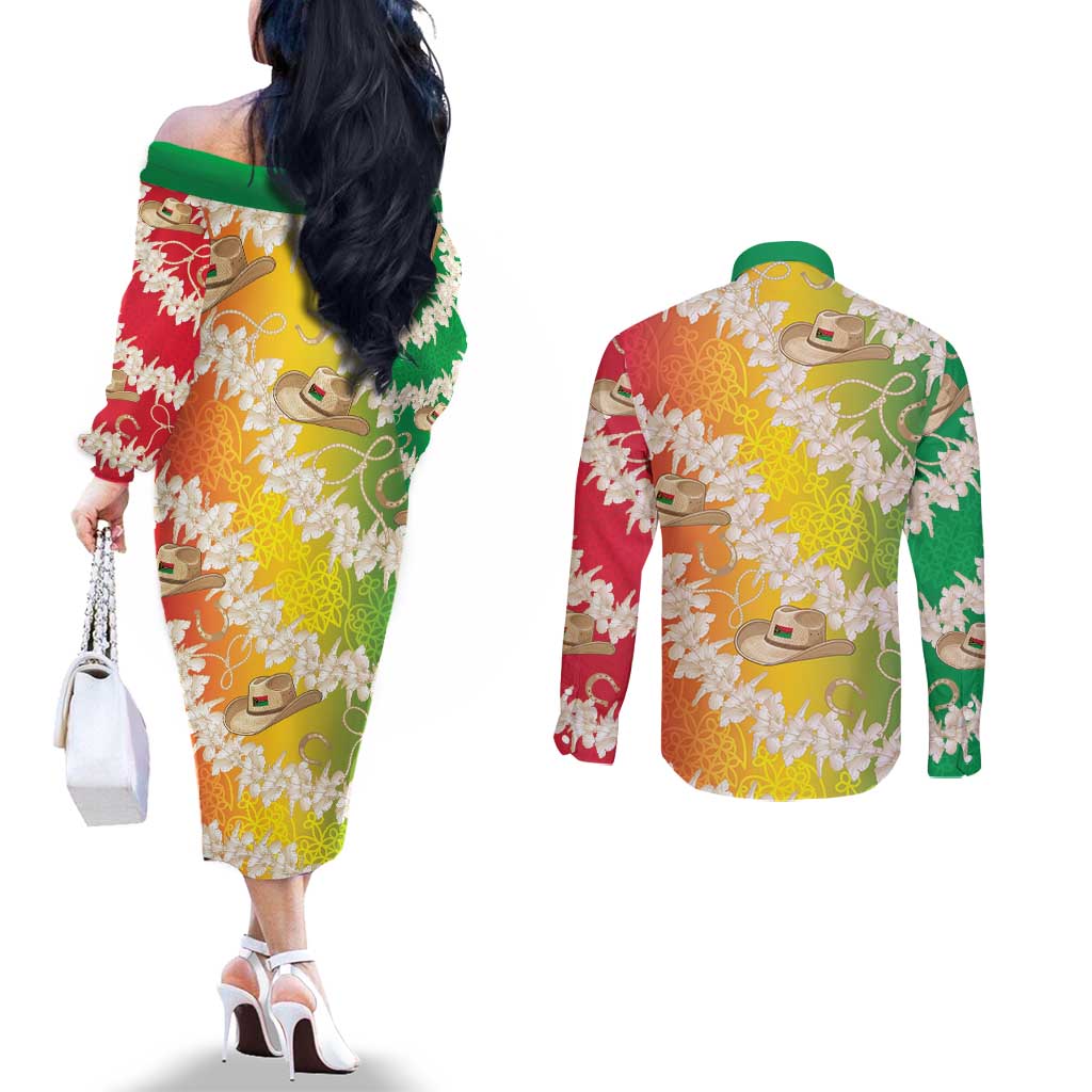 Vanuatu Cowboy Couples Matching Off The Shoulder Long Sleeve Dress and Long Sleeve Button Shirt Straw Hats Hibiscus With Sand Drawing - Polynesian Pride