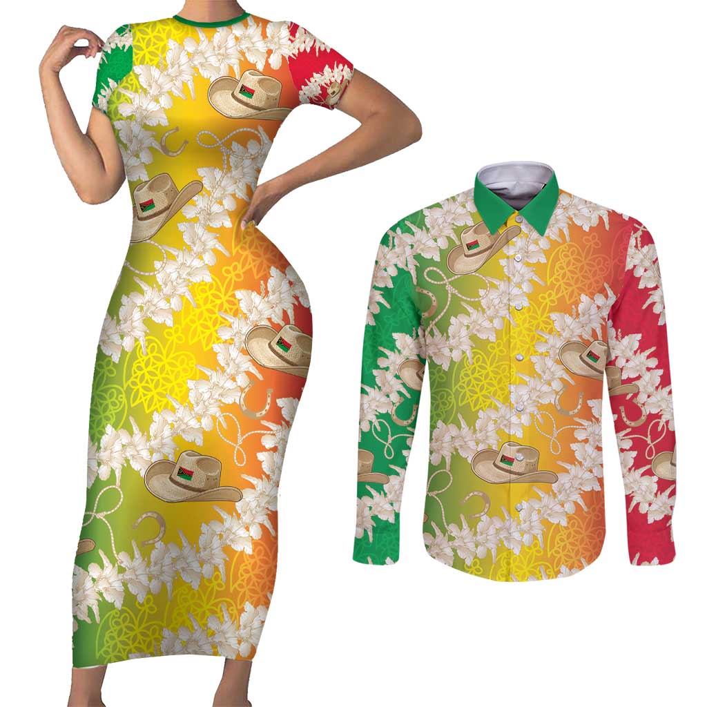 Vanuatu Cowboy Couples Matching Short Sleeve Bodycon Dress and Long Sleeve Button Shirt Straw Hats Hibiscus With Sand Drawing - Polynesian Pride