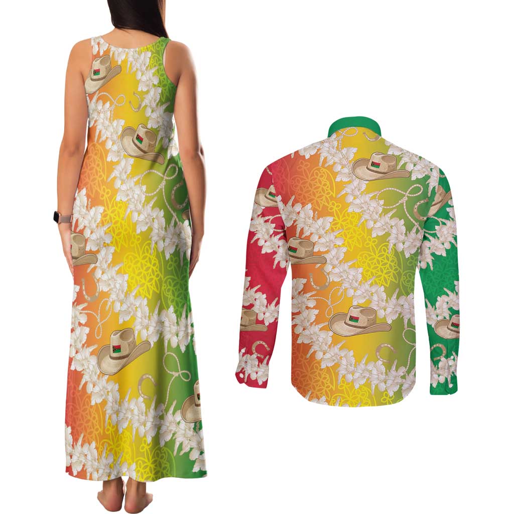 Vanuatu Cowboy Couples Matching Tank Maxi Dress and Long Sleeve Button Shirt Straw Hats Hibiscus With Sand Drawing - Polynesian Pride