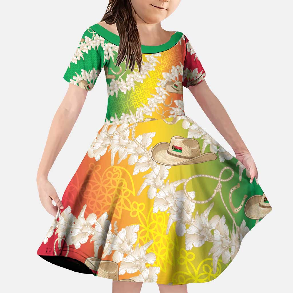 Vanuatu Cowboy Family Matching Long Sleeve Bodycon Dress and Hawaiian Shirt Straw Hats Hibiscus With Sand Drawing LT14 Daughter's Dress Reggae - Polynesian Pride