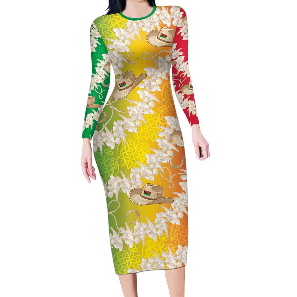 Vanuatu Cowboy Family Matching Long Sleeve Bodycon Dress and Hawaiian Shirt Straw Hats Hibiscus With Sand Drawing LT14 Mom's Dress Reggae - Polynesian Pride