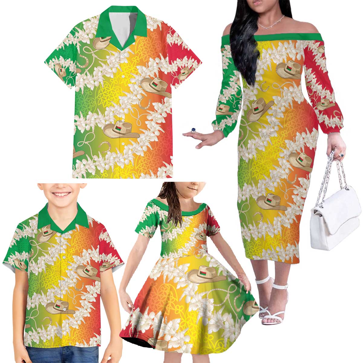 Vanuatu Cowboy Family Matching Off The Shoulder Long Sleeve Dress and Hawaiian Shirt Straw Hats Hibiscus With Sand Drawing LT14 - Polynesian Pride