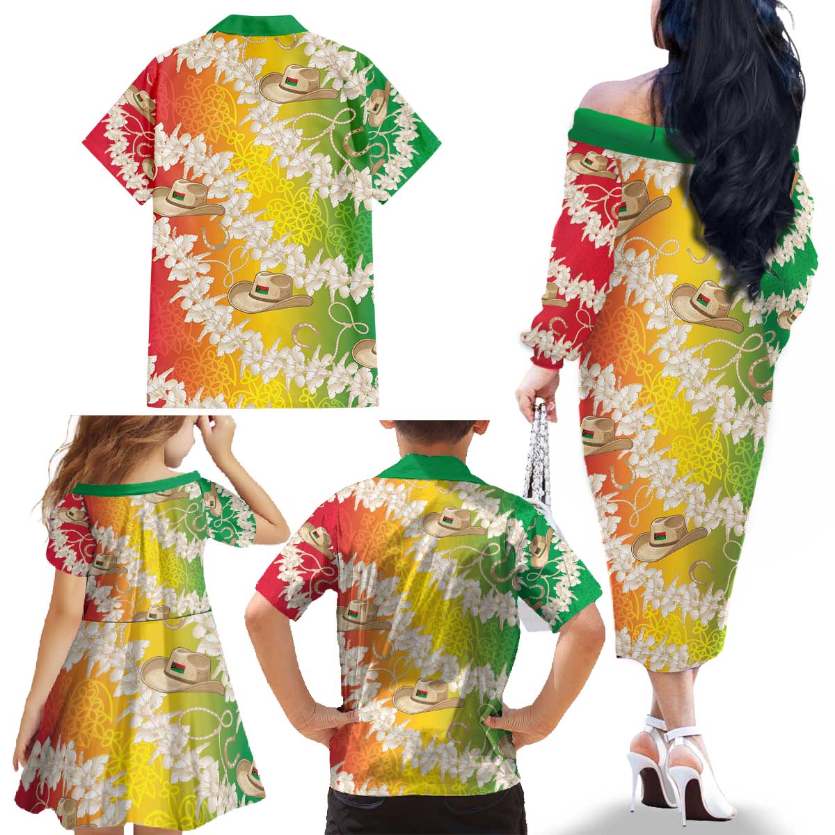 Vanuatu Cowboy Family Matching Off The Shoulder Long Sleeve Dress and Hawaiian Shirt Straw Hats Hibiscus With Sand Drawing LT14 - Polynesian Pride