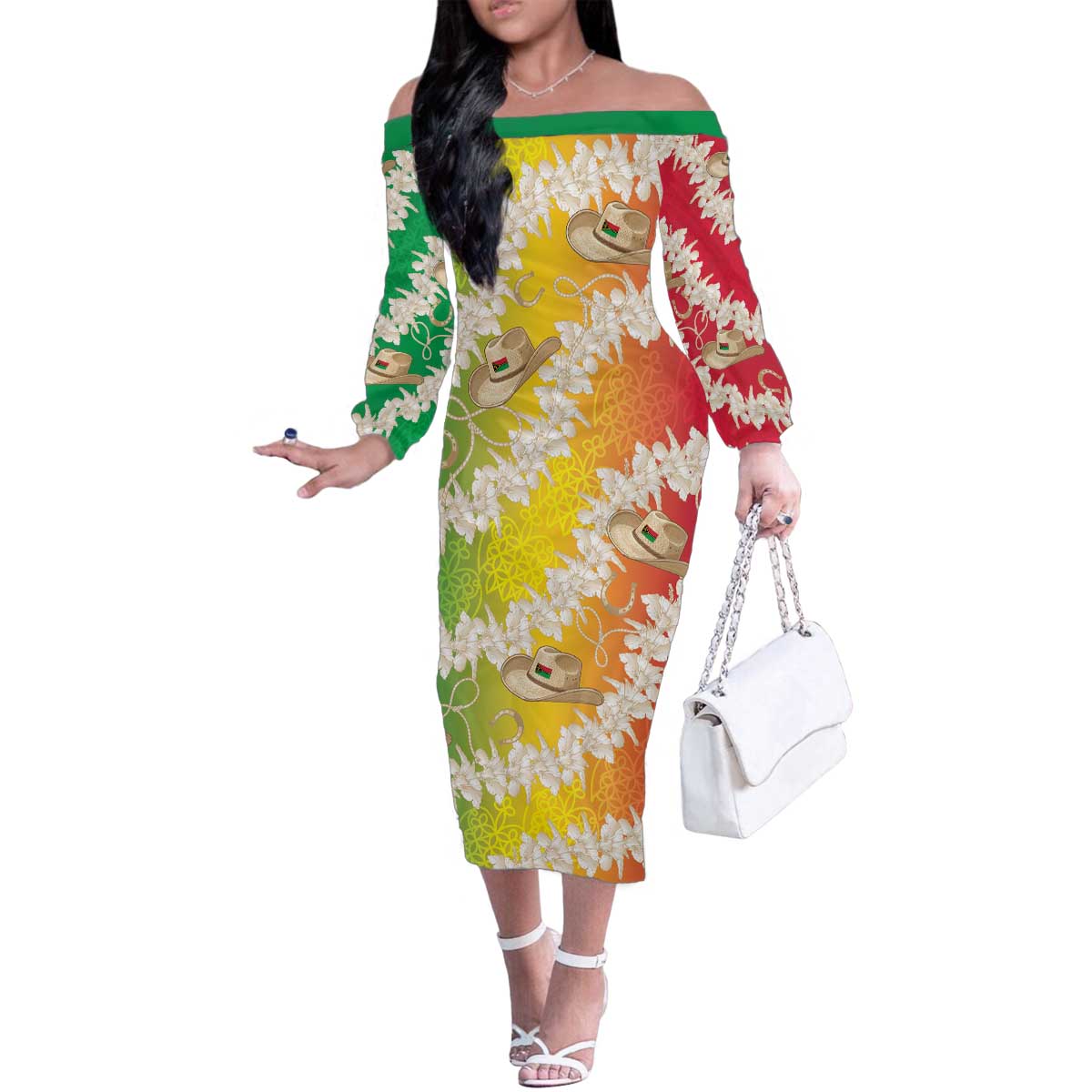 Vanuatu Cowboy Family Matching Off The Shoulder Long Sleeve Dress and Hawaiian Shirt Straw Hats Hibiscus With Sand Drawing LT14 Mom's Dress Reggae - Polynesian Pride