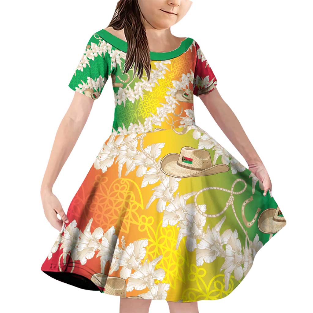 Vanuatu Cowboy Family Matching Off Shoulder Short Dress and Hawaiian Shirt Straw Hats Hibiscus With Sand Drawing LT14 Daughter's Dress Reggae - Polynesian Pride