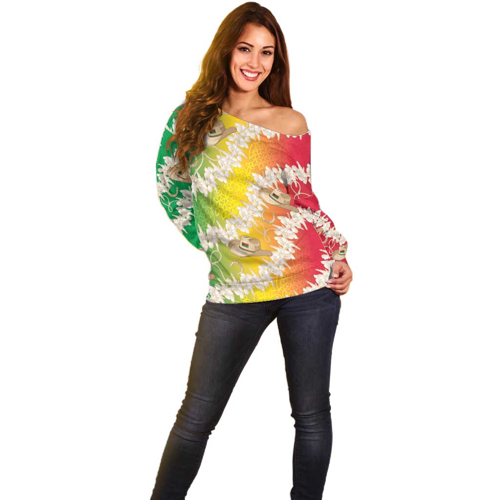 Vanuatu Cowboy Off Shoulder Sweater Straw Hats Hibiscus With Sand Drawing - Polynesian Pride