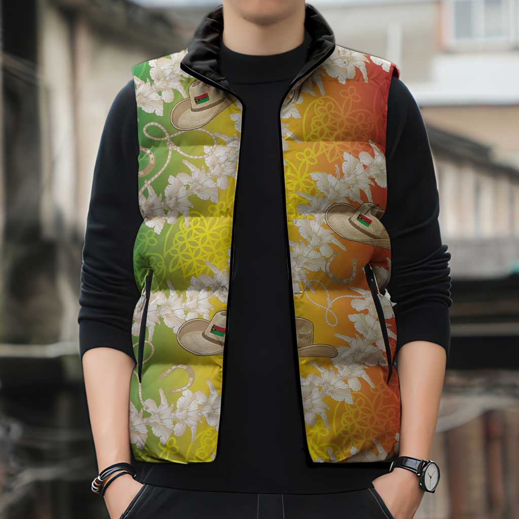 Vanuatu Cowboy Sleeveless Puffer Jacket Straw Hats Hibiscus With Sand Drawing - Polynesian Pride