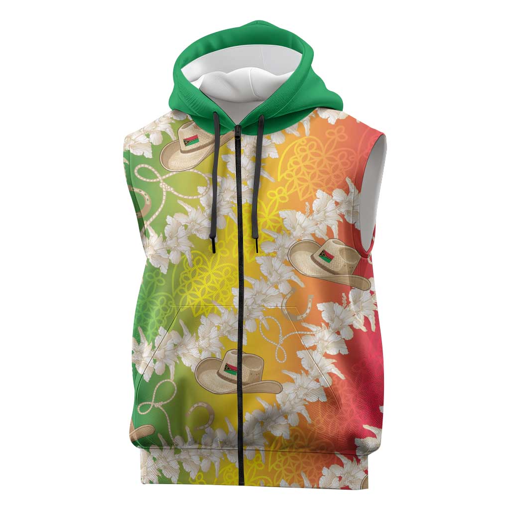 Vanuatu Cowboy Sleeveless Zip Hoodie Straw Hats Hibiscus With Sand Drawing - Polynesian Pride