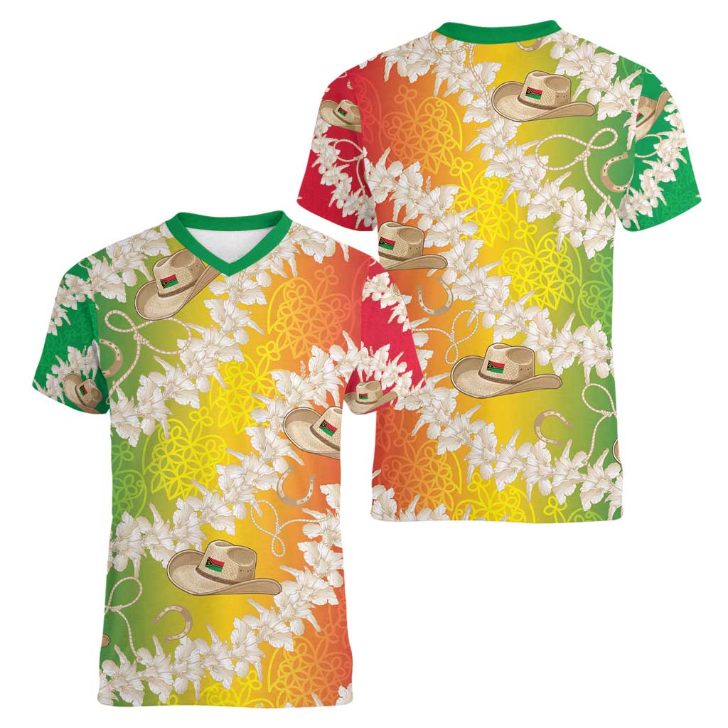 Vanuatu Cowboy Women V-Neck T-Shirt Straw Hats Hibiscus With Sand Drawing - Polynesian Pride