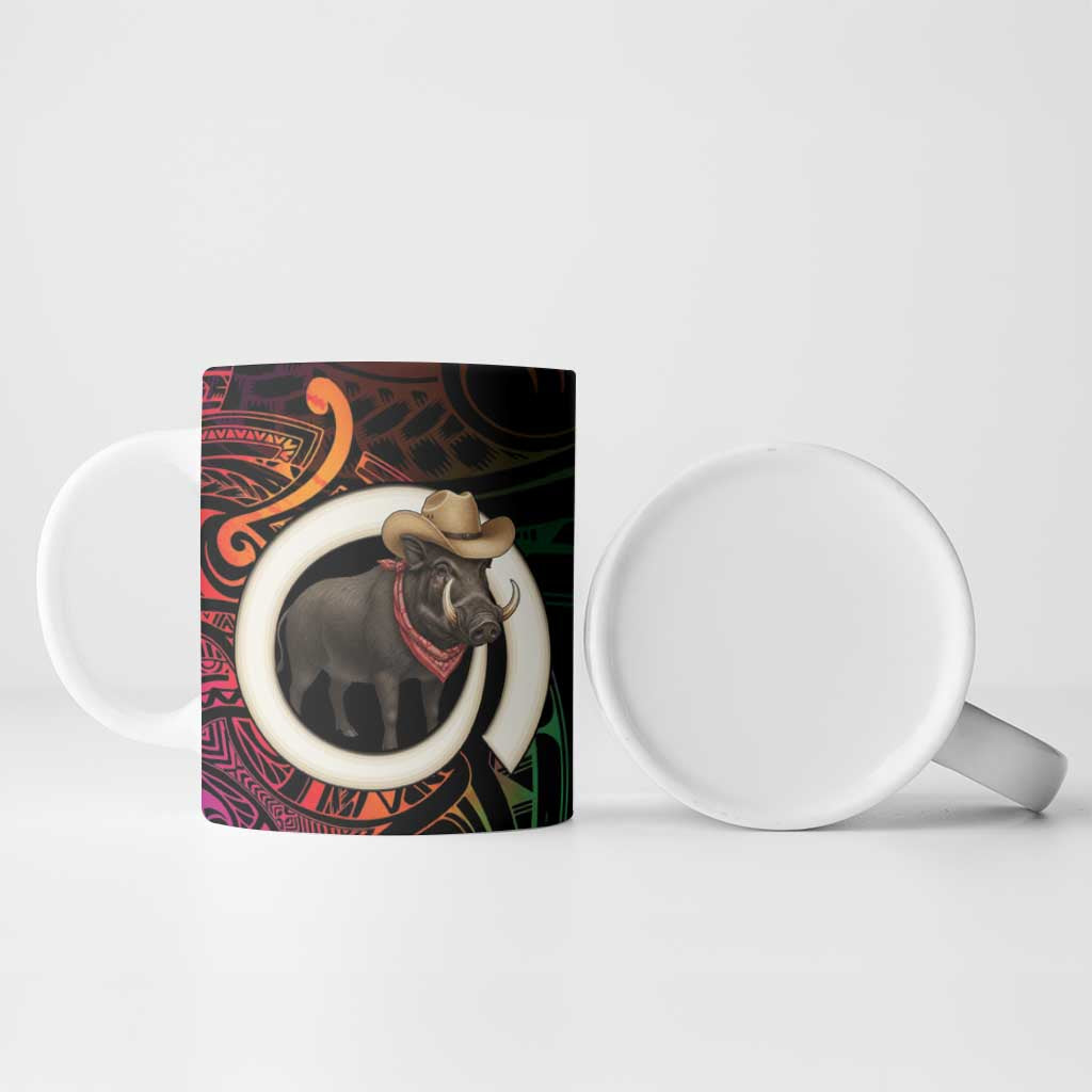 Vanuatu Boar Cowboy Ceramic Mug Tusk Gradient Polynesian Pattern - Polynesian Pride