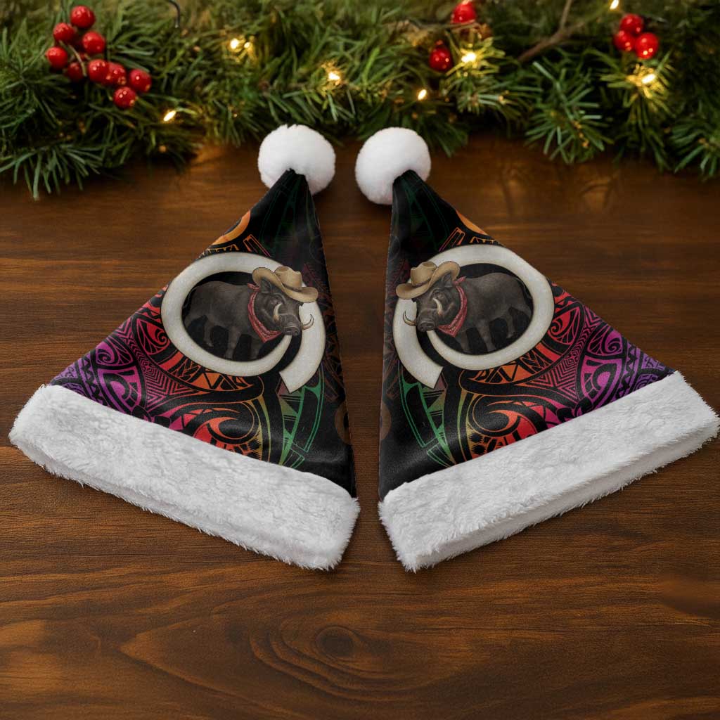 Vanuatu Boar Cowboy Christmas Santa Hat Tusk Gradient Polynesian Pattern - Polynesian Pride