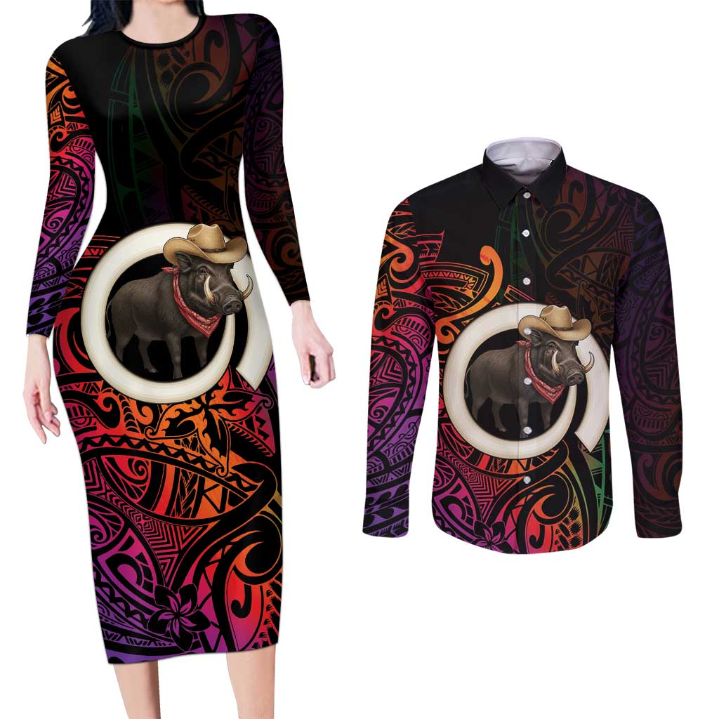 Vanuatu Boar Cowboy Couples Matching Long Sleeve Bodycon Dress and Long Sleeve Button Shirt Tusk Gradient Polynesian Pattern - Polynesian Pride
