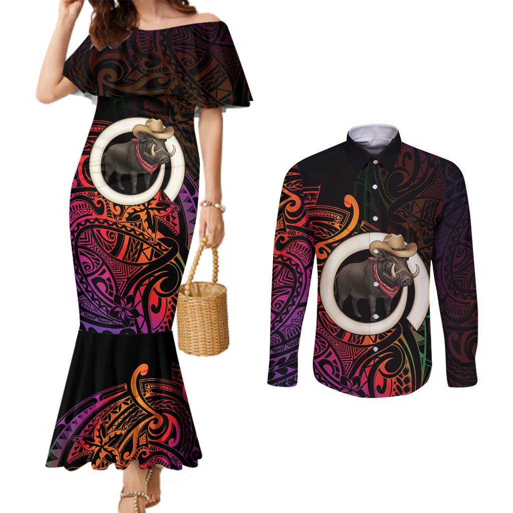 Vanuatu Boar Cowboy Couples Matching Mermaid Dress and Long Sleeve Button Shirt Tusk Gradient Polynesian Pattern - Polynesian Pride