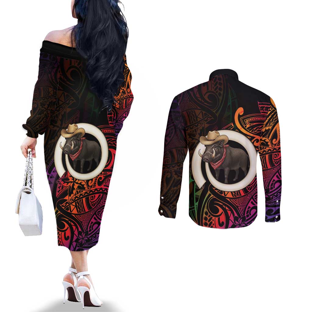 Vanuatu Boar Cowboy Couples Matching Off The Shoulder Long Sleeve Dress and Long Sleeve Button Shirt Tusk Gradient Polynesian Pattern - Polynesian Pride