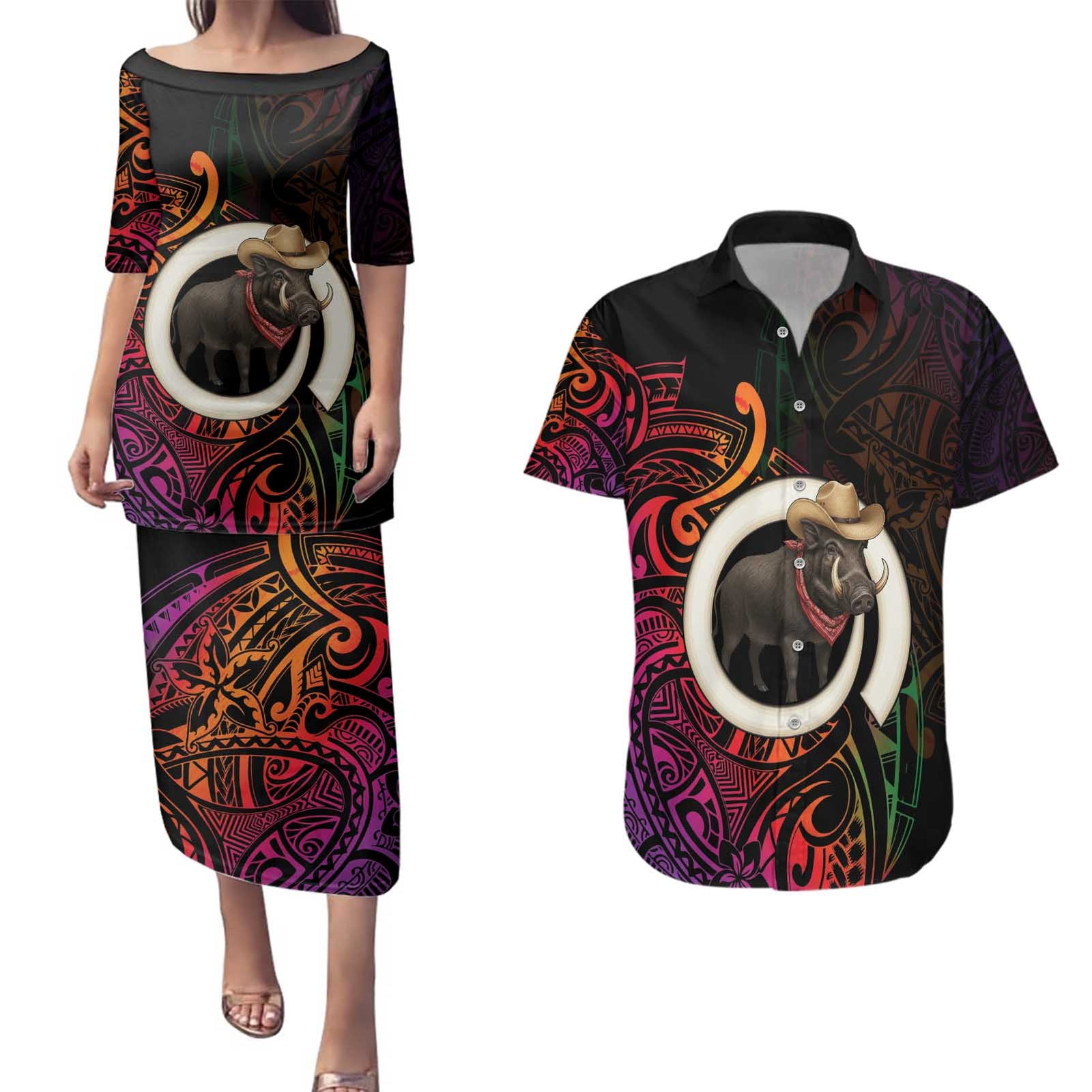 Vanuatu Boar Cowboy Couples Matching Puletasi and Hawaiian Shirt Tusk Gradient Polynesian Pattern - Polynesian Pride