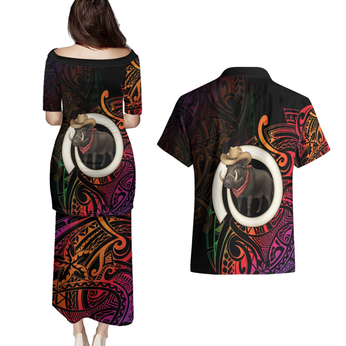 Vanuatu Boar Cowboy Couples Matching Puletasi and Hawaiian Shirt Tusk Gradient Polynesian Pattern - Polynesian Pride