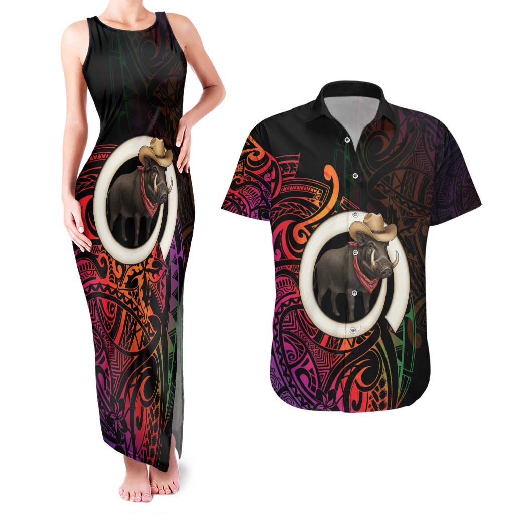 Vanuatu Boar Cowboy Couples Matching Tank Maxi Dress and Hawaiian Shirt Tusk Gradient Polynesian Pattern - Polynesian Pride