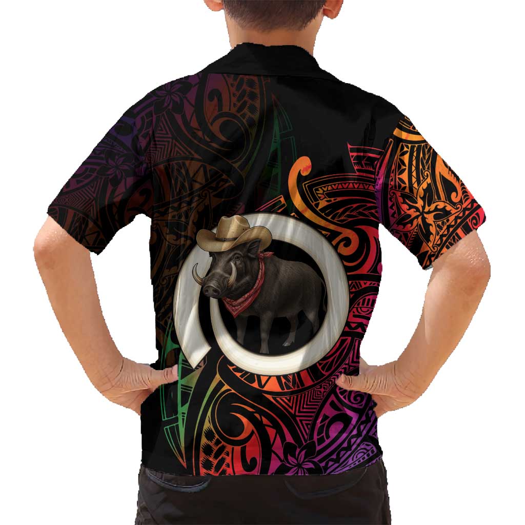Vanuatu Boar Cowboy Family Matching Long Sleeve Bodycon Dress and Hawaiian Shirt Tusk Gradient Polynesian Pattern - Polynesian Pride