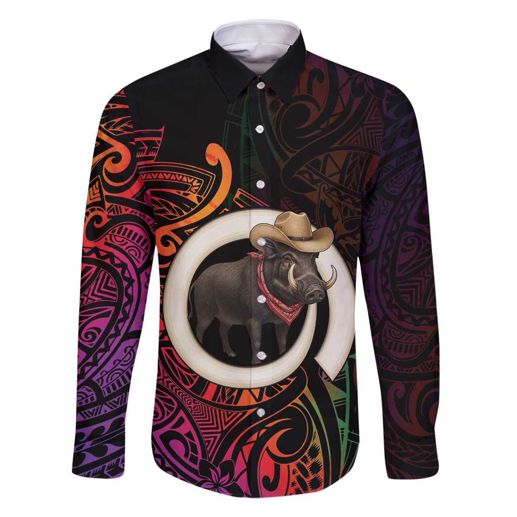 Vanuatu Boar Cowboy Family Matching Long Sleeve Bodycon Dress and Hawaiian Shirt Tusk Gradient Polynesian Pattern - Polynesian Pride