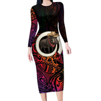 Vanuatu Boar Cowboy Family Matching Long Sleeve Bodycon Dress and Hawaiian Shirt Tusk Gradient Polynesian Pattern - Polynesian Pride