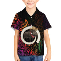 Vanuatu Boar Cowboy Family Matching Long Sleeve Bodycon Dress and Hawaiian Shirt Tusk Gradient Polynesian Pattern - Polynesian Pride