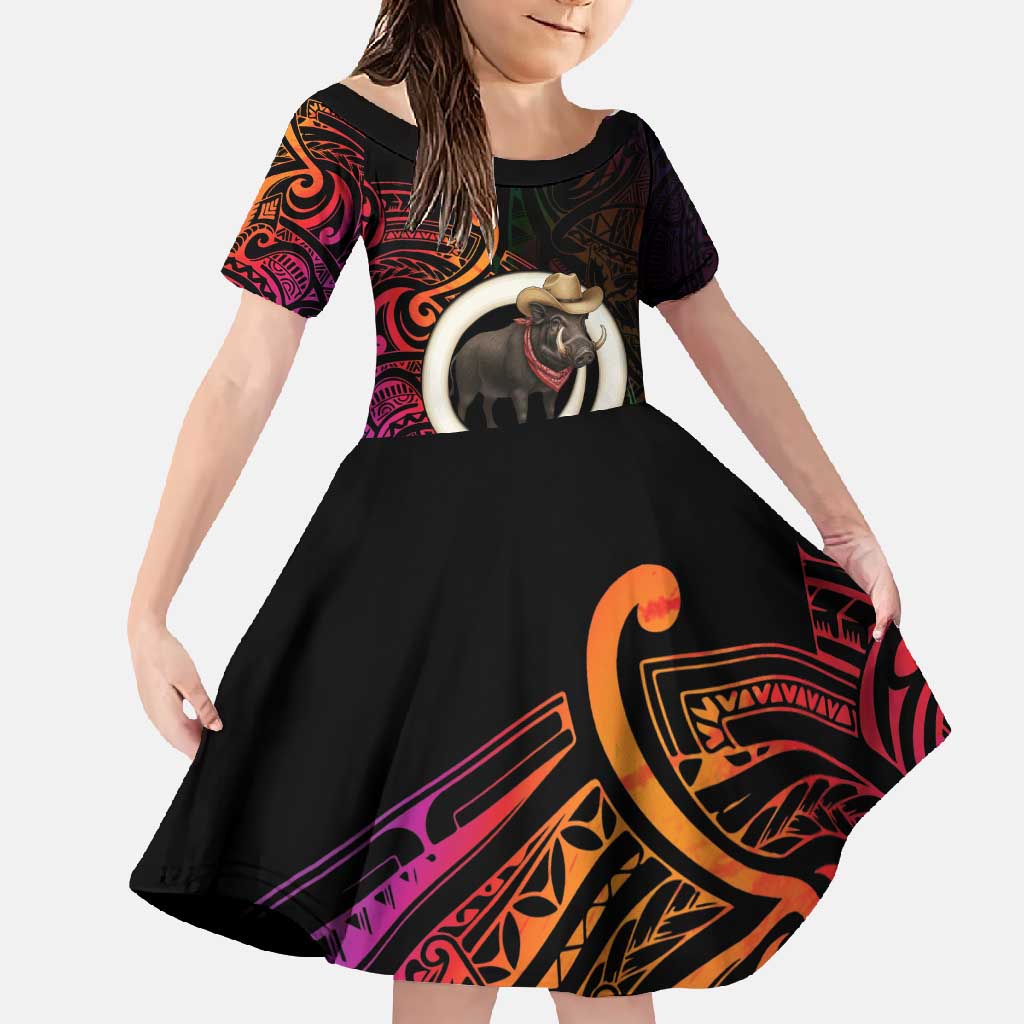 Vanuatu Boar Cowboy Family Matching Mermaid Dress and Hawaiian Shirt Tusk Gradient Polynesian Pattern LT14 Daughter's Dress Black - Polynesian Pride