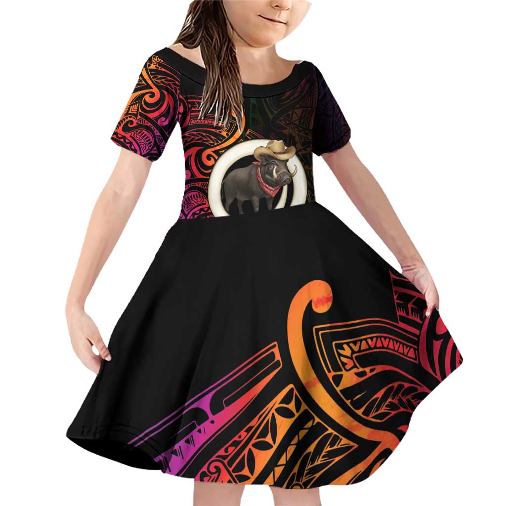 Vanuatu Boar Cowboy Family Matching Off Shoulder Short Dress and Hawaiian Shirt Tusk Gradient Polynesian Pattern LT14 Daughter's Dress Black - Polynesian Pride