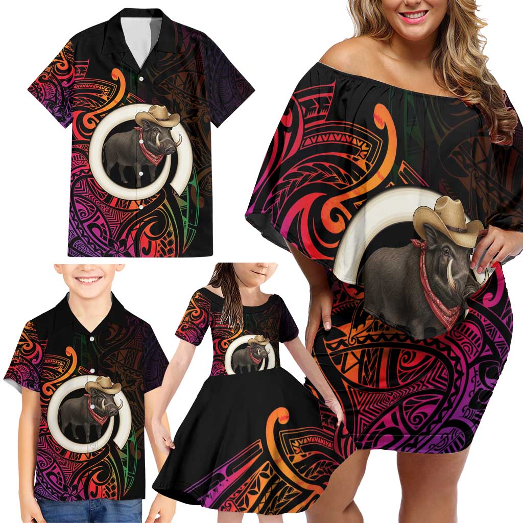Vanuatu Boar Cowboy Family Matching Off Shoulder Short Dress and Hawaiian Shirt Tusk Gradient Polynesian Pattern LT14 - Polynesian Pride
