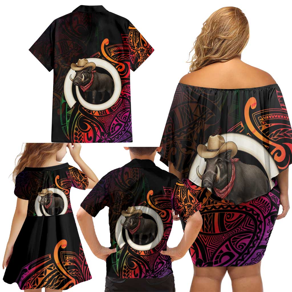 Vanuatu Boar Cowboy Family Matching Off Shoulder Short Dress and Hawaiian Shirt Tusk Gradient Polynesian Pattern LT14 - Polynesian Pride