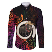 Vanuatu Boar Cowboy Family Matching Off Shoulder Short Dress and Hawaiian Shirt Tusk Gradient Polynesian Pattern LT14 Dad's Shirt - Long Sleeve Black - Polynesian Pride