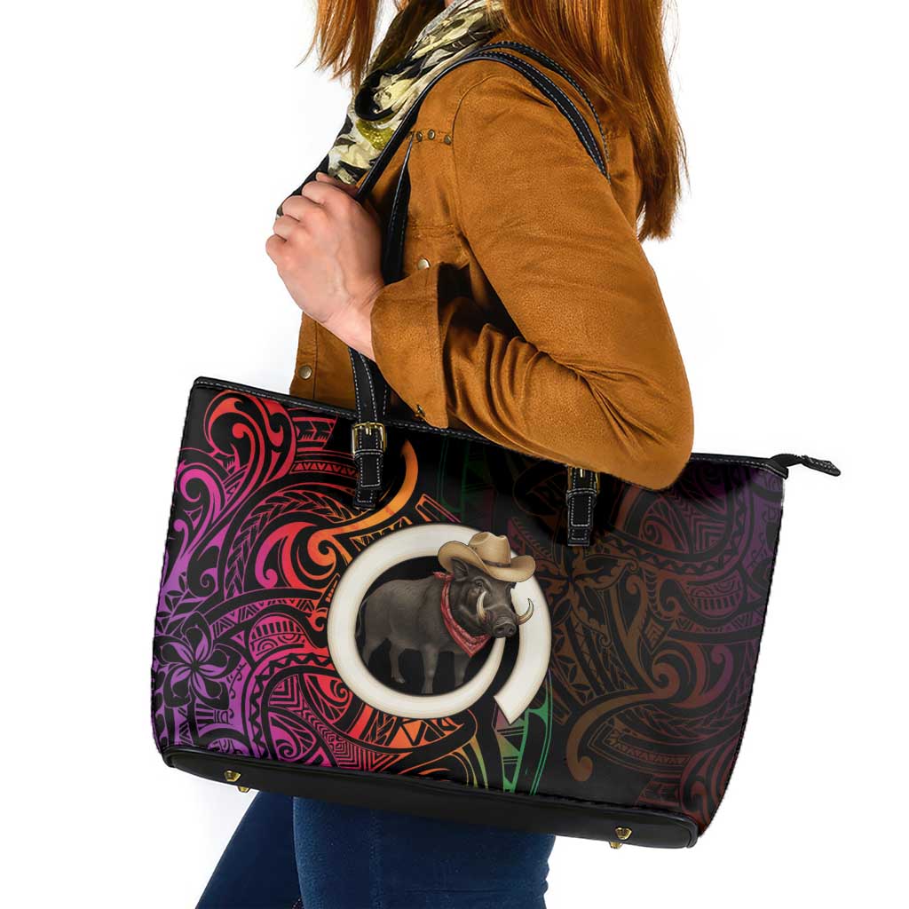 Vanuatu Boar Cowboy Leather Tote Bag Tusk Gradient Polynesian Pattern - Polynesian Pride